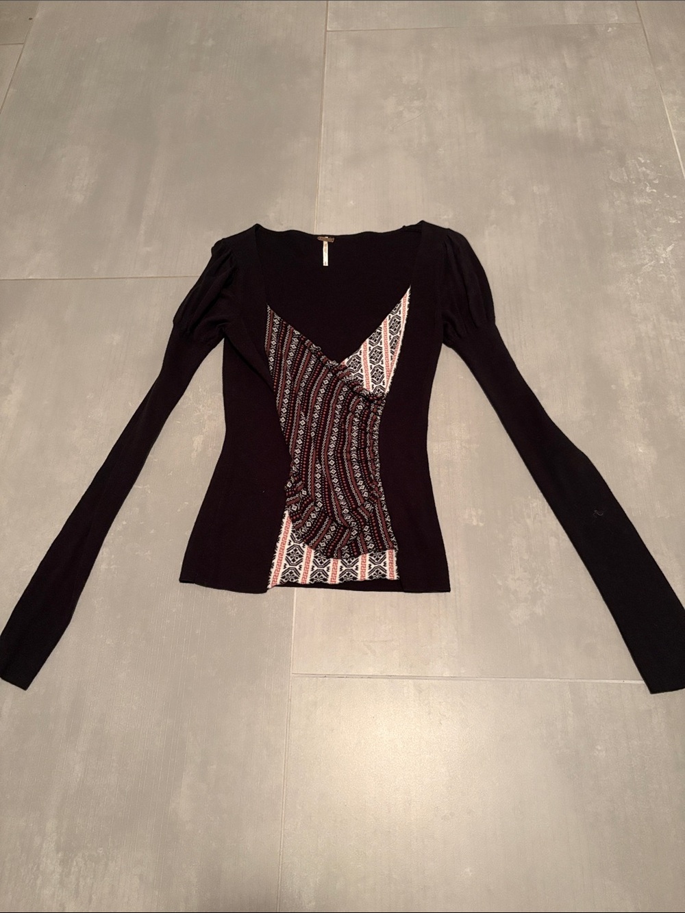 Free People Black Long-Sleeve V-Neck Top with Patterned Front Panel